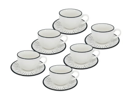 Sada 6 kusů bílých porcelánových šálků na cappuccino s černou linkou a podšálky s grafickým motivem paprsků Alba Dash.