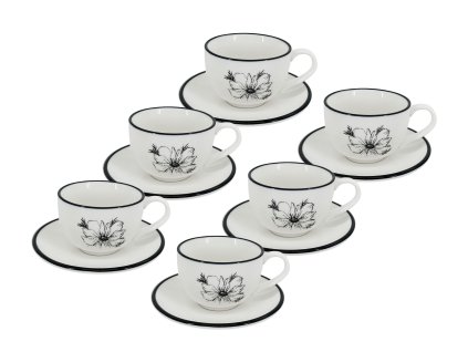 Sada 6 kusů bílých porcelánových šálků na cappuccino s podšálky Alba Dash Bloom zdobených černým motivem květiny a linkou.