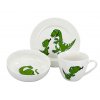 Dětský jídelní set Dino, 3 ks - talíř ø 20cm, miska ø 14cm, šálek o objemu 220 ml, materiál porcelán, barva bílá, zelený dekor dinosaura.