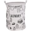 Bílý látkový koš na prádlo s černým potiskem motivu kolíčků a prádla, dvě držadla, kulatý tvar.