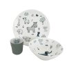 Dětská jídelní sada EKO FARMA – porcelánový talíř a miska se zvířátky a keramický pohárek v šedomodré barvě, ideální velikost pro děti.