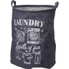 Plátěný skládací koš na prádlo v tmavě šedé barvě s bílým potiskem "LAUNDRY Loads of fun", motivem pračky a dvěma uchy nahoře.