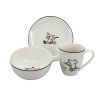 Třídílný dětský porcelánový jídelní set by inspire s motivem kočky, myši a prasátka, s černou linkou. Obsahuje talíř (19 cm), misku (14 cm) a hrnek (250 ml).