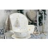 Vánoční nádobí z kolekce by inspire Stříbrná Koleda s motivem zlatého a stříbrného vánočního stromku na porcelánu.