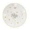 Bílý porcelánový dezertní talíř z kolekce Stříbrná Koleda s drobným motivem vánoční větvičky ve stříbrné a zlaté barvě.