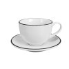 Zářivě bílý porcelánový cappuccino šálek s podšálkem Alba Black a elegantní černou linkou na okraji.