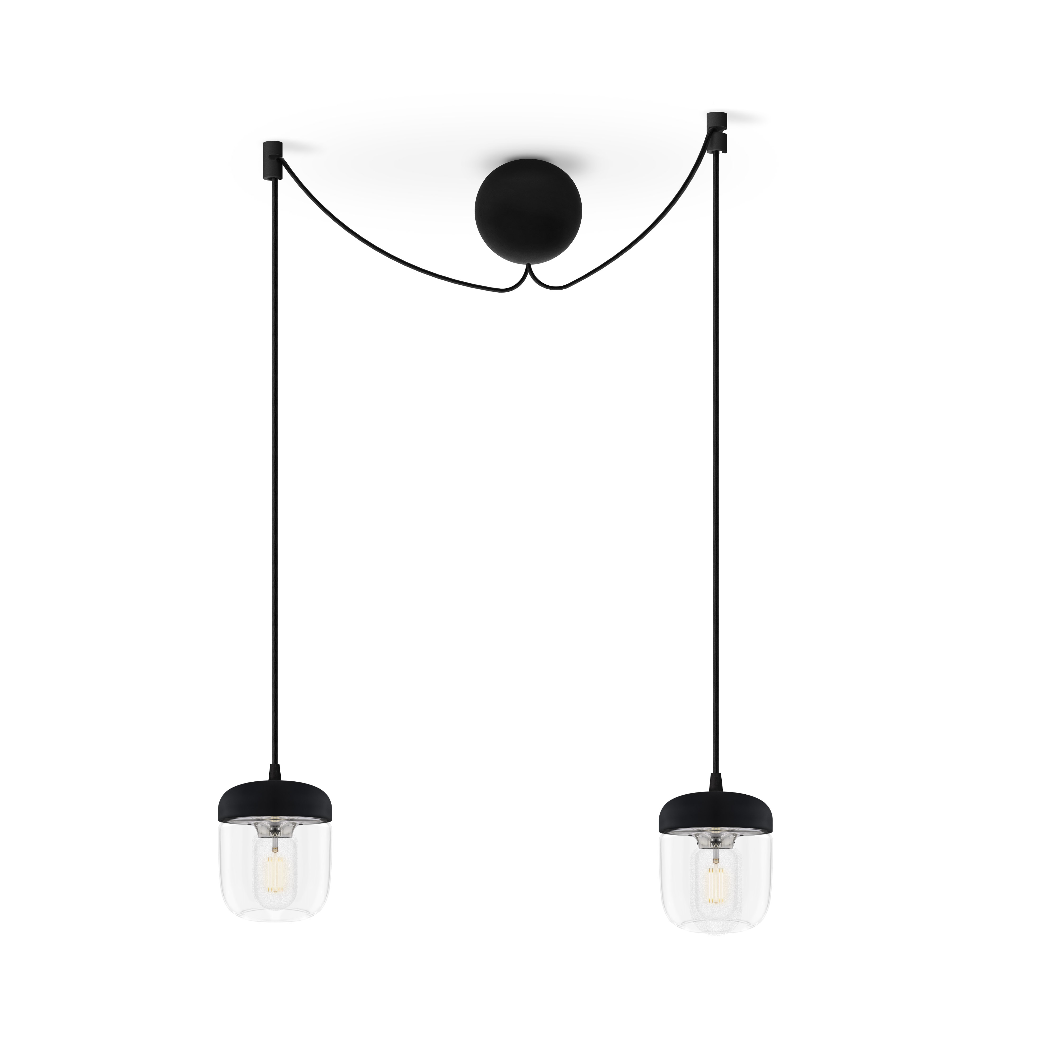 ACORN BLACK | dizajnová visiaca lampa Farba: Leštená oceľ, Sada: Dve tienidlá + Cannonball Cluster 2 čierny