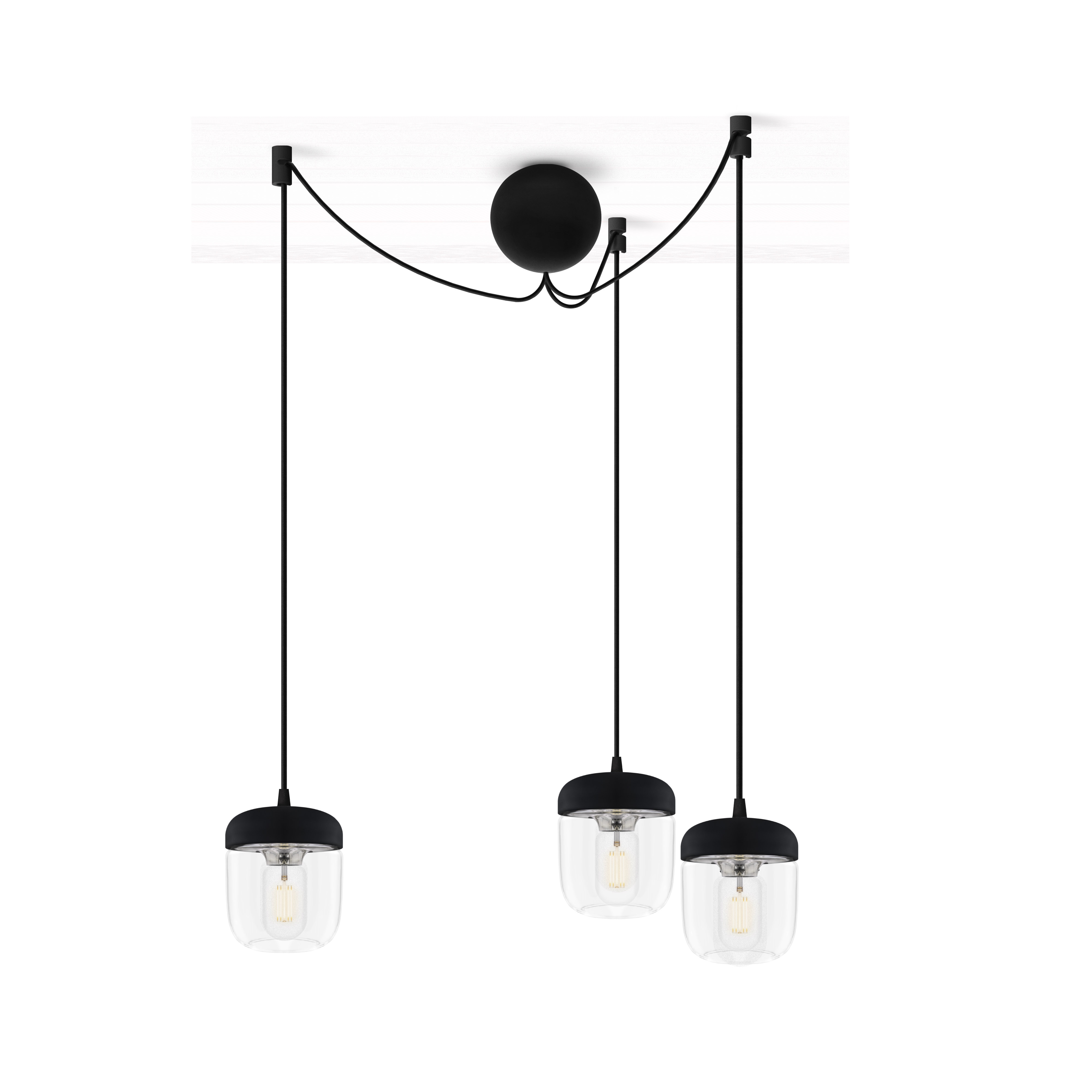 ACORN BLACK | dizajnová visiaca lampa Farba: Leštená oceľ, Sada: Tri tienidlá + Cannonball Cluster 3 čierny