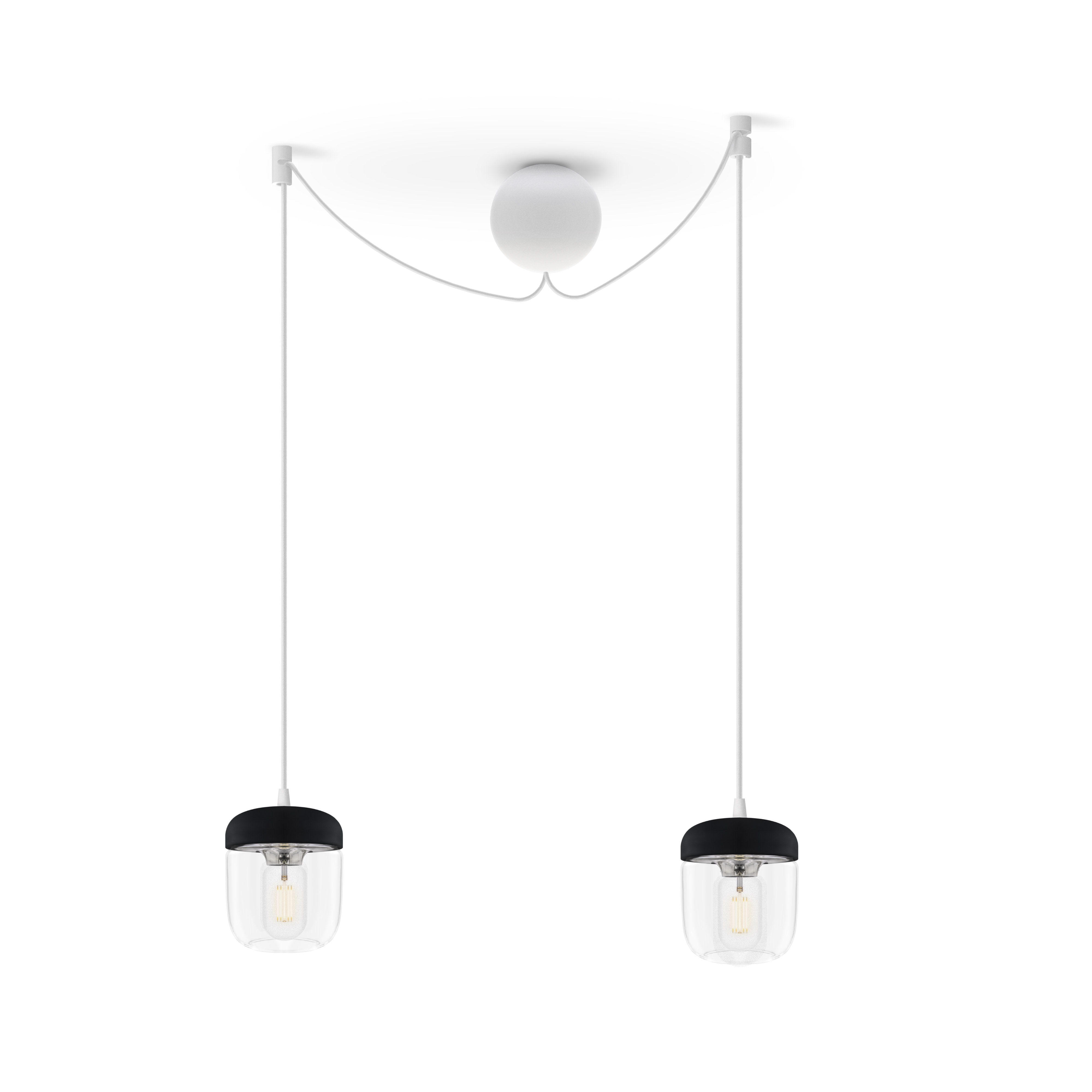ACORN BLACK | dizajnová visiaca lampa Farba: Leštená oceľ, Sada: Dve tienidlá + Cannonball Cluster 2 biely