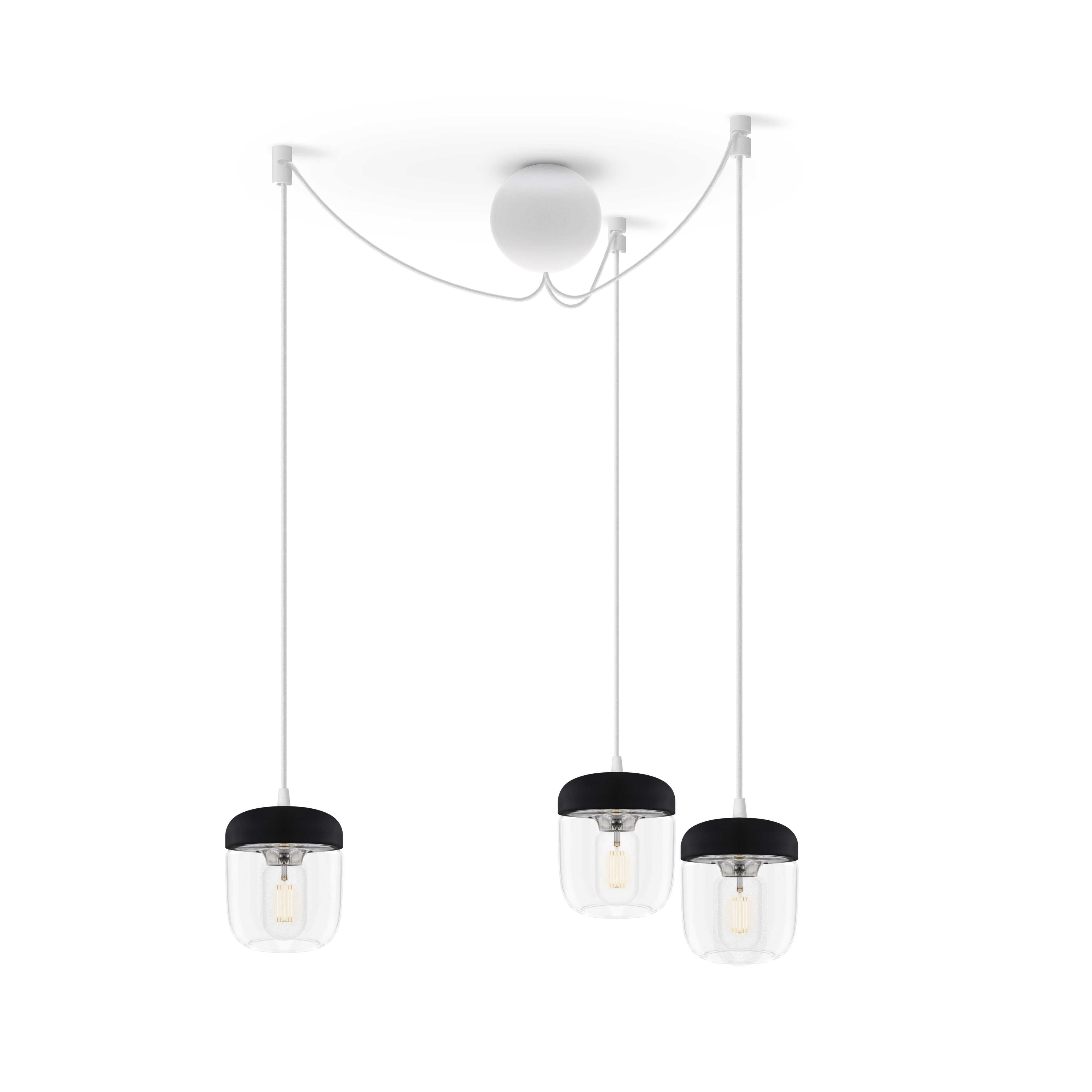 ACORN BLACK | dizajnová visiaca lampa Farba: Leštená oceľ, Sada: Tri tienidlá + Cannonball Cluster 3 biely