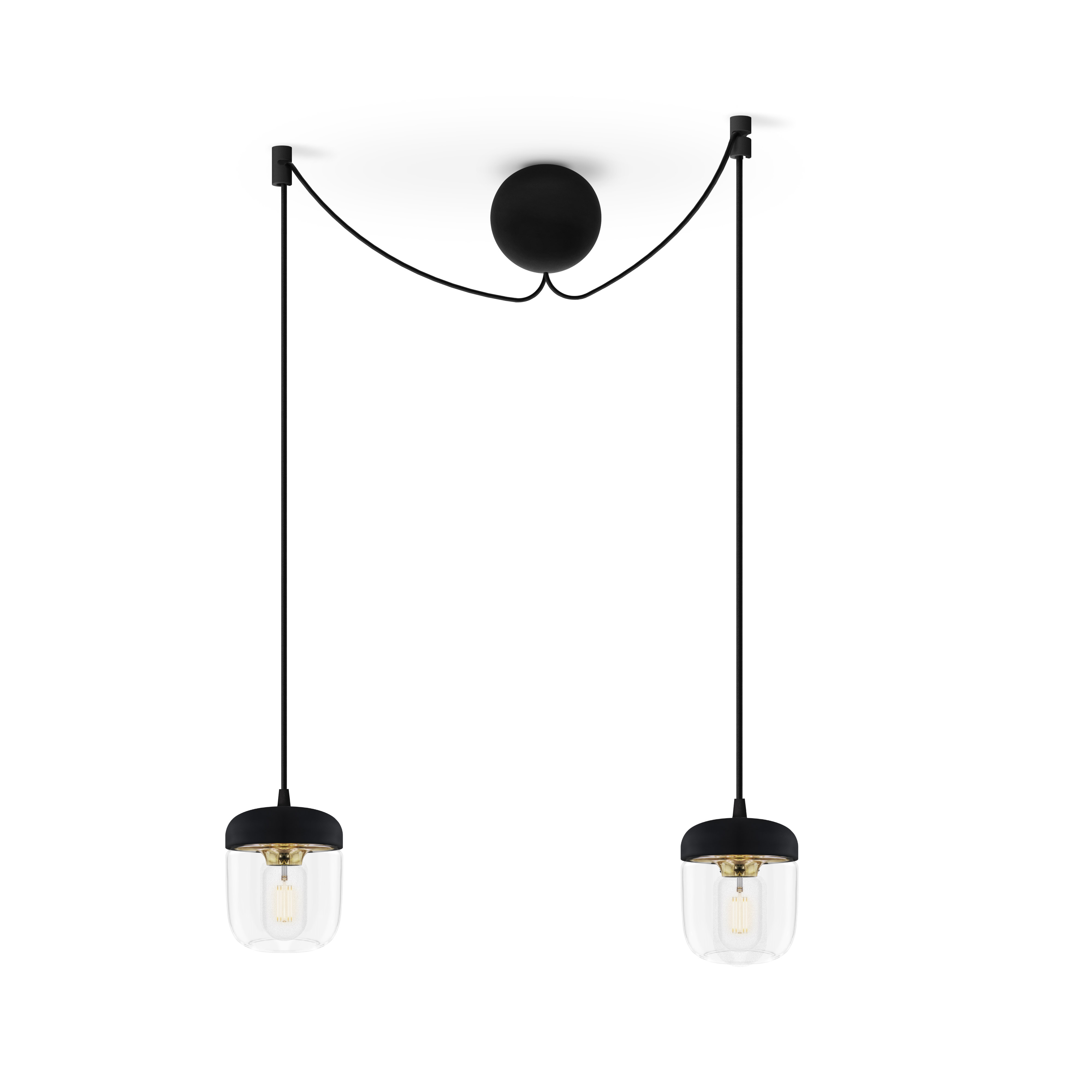 ACORN BLACK | dizajnová visiaca lampa Farba: Leštená mosadz, Sada: Dve tienidlá + Cannonball Cluster 2 čierny