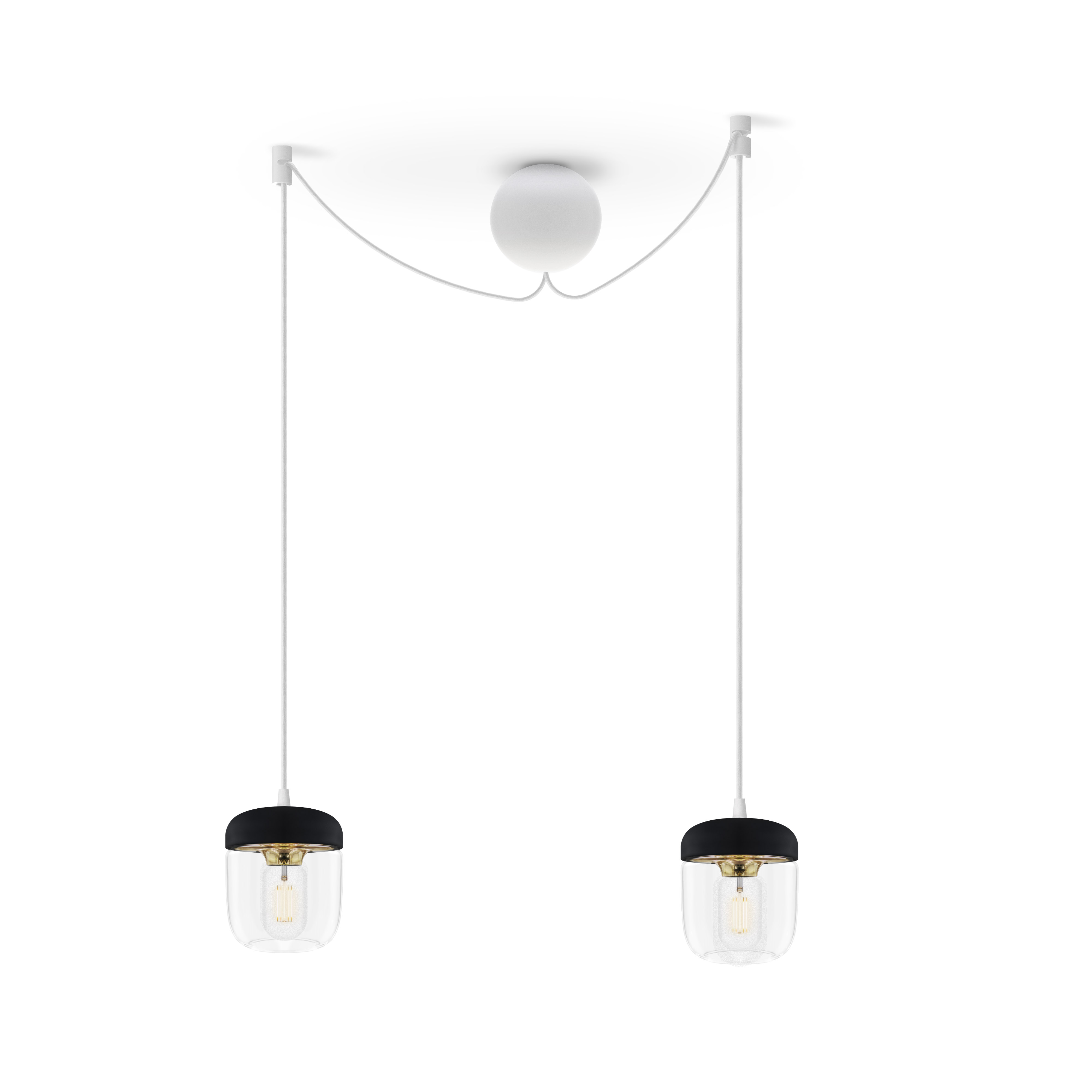 ACORN BLACK | dizajnová visiaca lampa Farba: Leštená mosadz, Sada: Dve tienidlá + Cannonball Cluster 2 biely