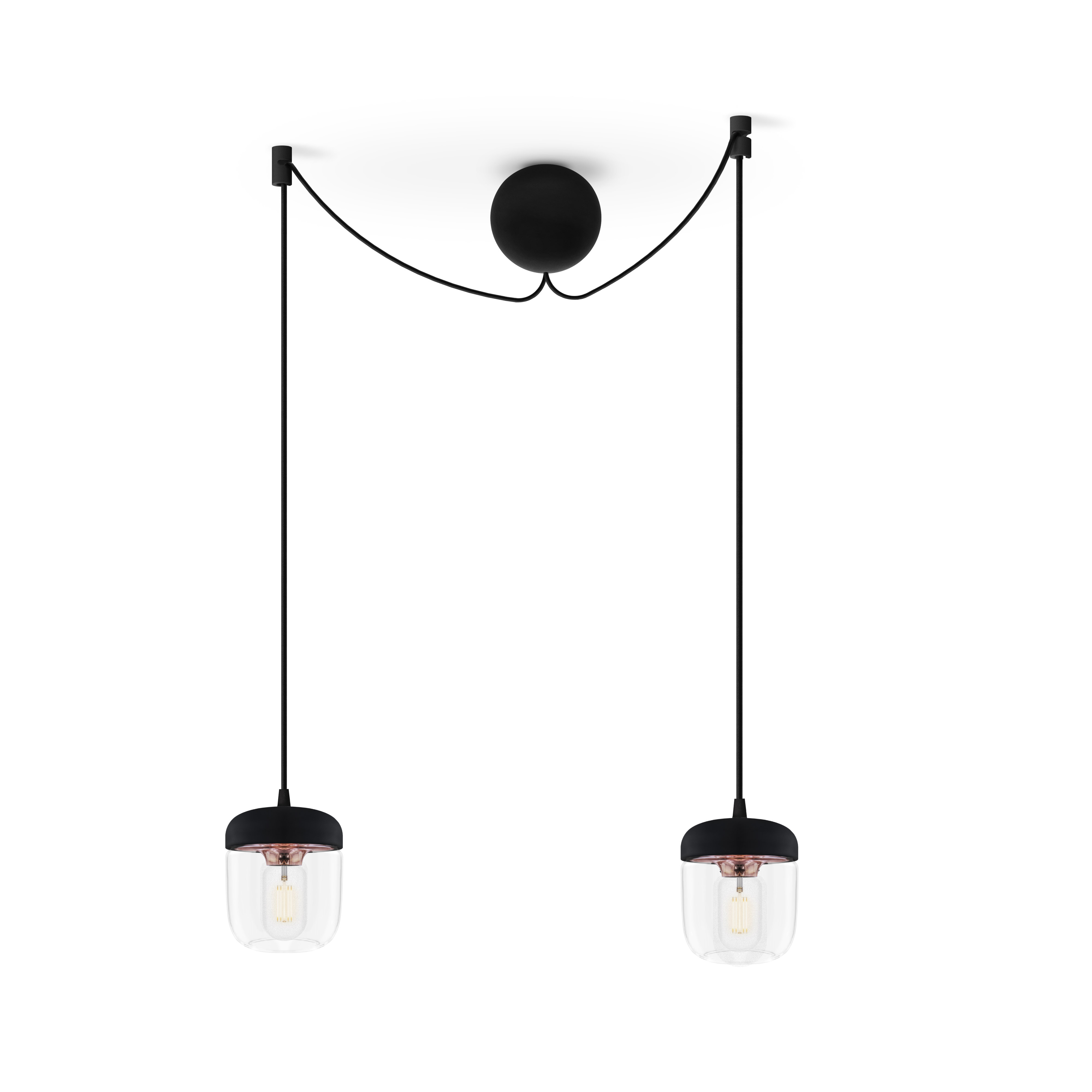 ACORN BLACK | dizajnová visiaca lampa Farba: Leštená meď, Sada: Dve tienidlá + Cannonball Cluster 2 čierny