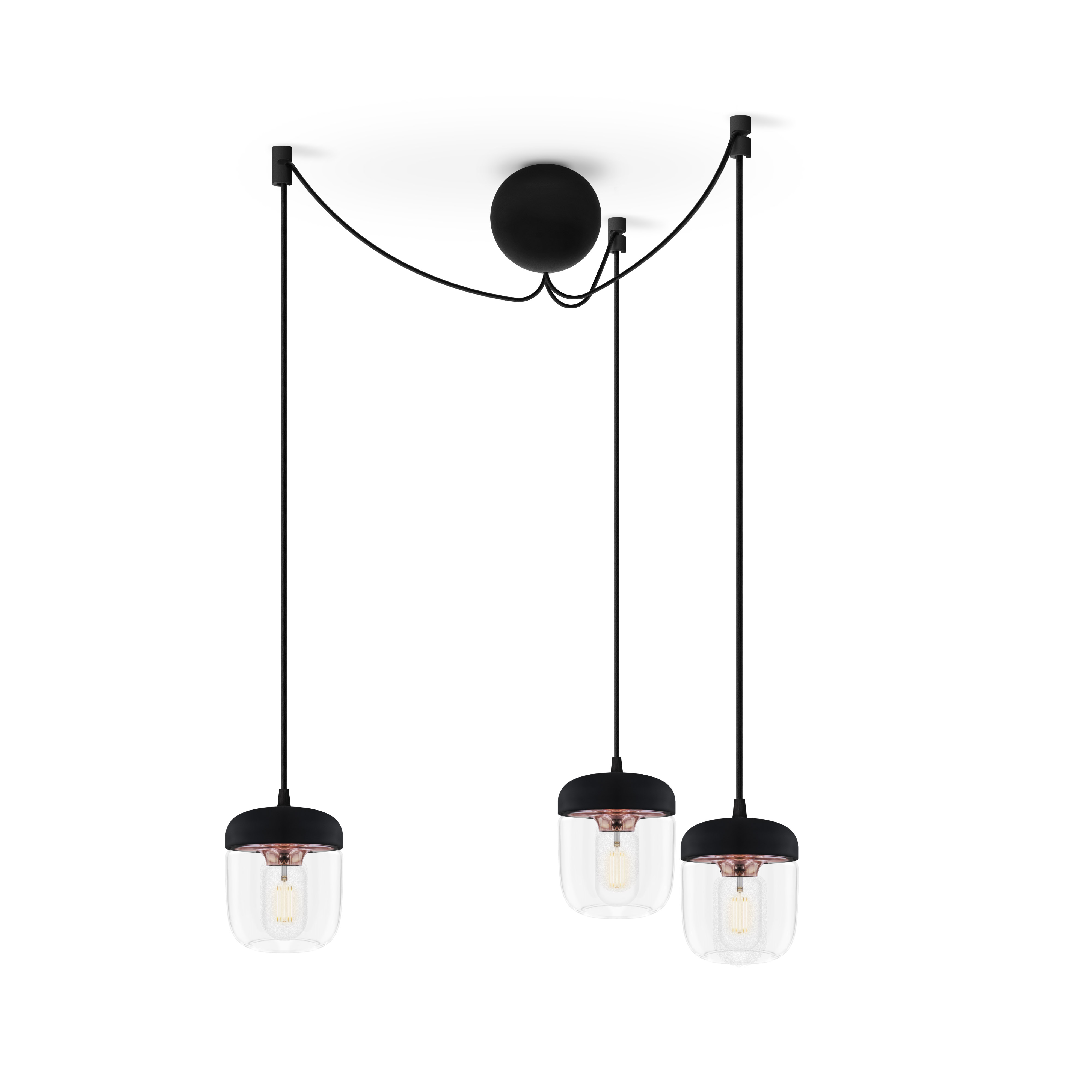 ACORN BLACK | dizajnová visiaca lampa Farba: Leštená meď, Sada: Tri tienidlá + Cannonball Cluster 3 čierny