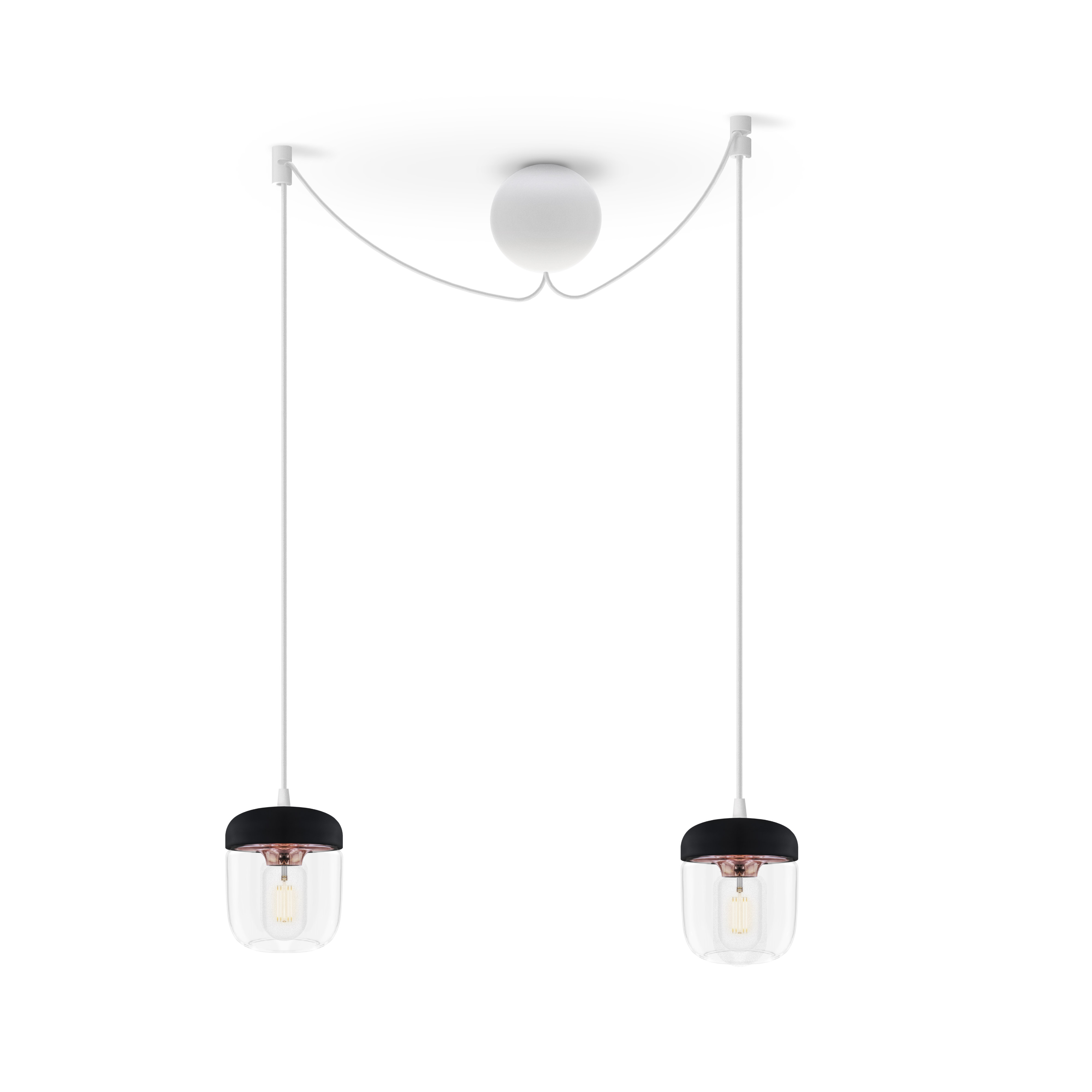 ACORN BLACK | dizajnová visiaca lampa Farba: Leštená meď, Sada: Dve tienidlá + Cannonball Cluster 2 biely