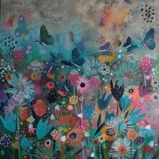 Letní louka Kombinovaná technika,plátno 100x100 #louka #meadow #akryl