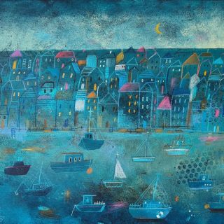 Přístavní město 50 x60 Akryl na plátně ,pastelka