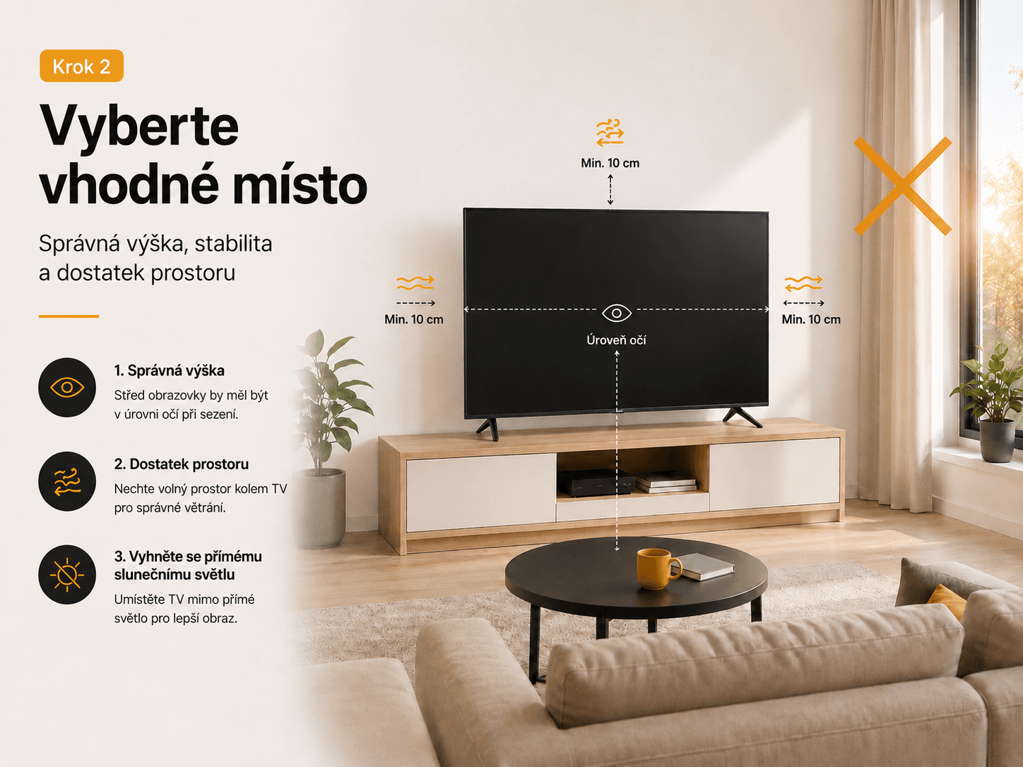 Krok 2 – vyberte vhodné místo pro TV