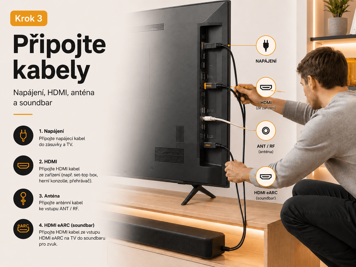 Krok 3 – připojení kabelů k televizi