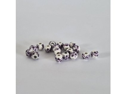 Keramické korálky - bílá s fialovým dekorem - ø 8 mm - 10 ks