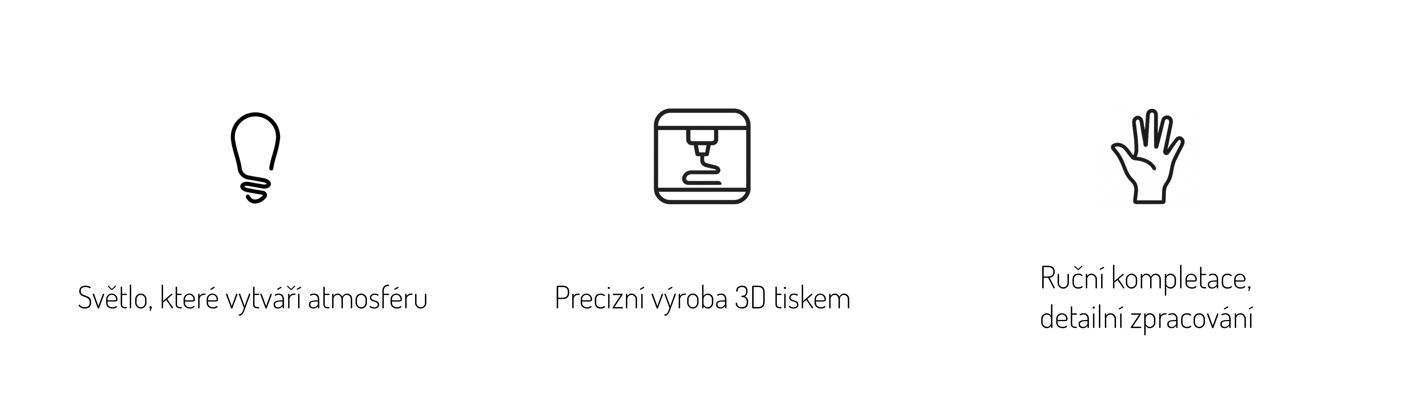 Ikony znázorňující světlo pro atmosféru, precizní výrobu 3D tiskem a ruční kompletaci lamp