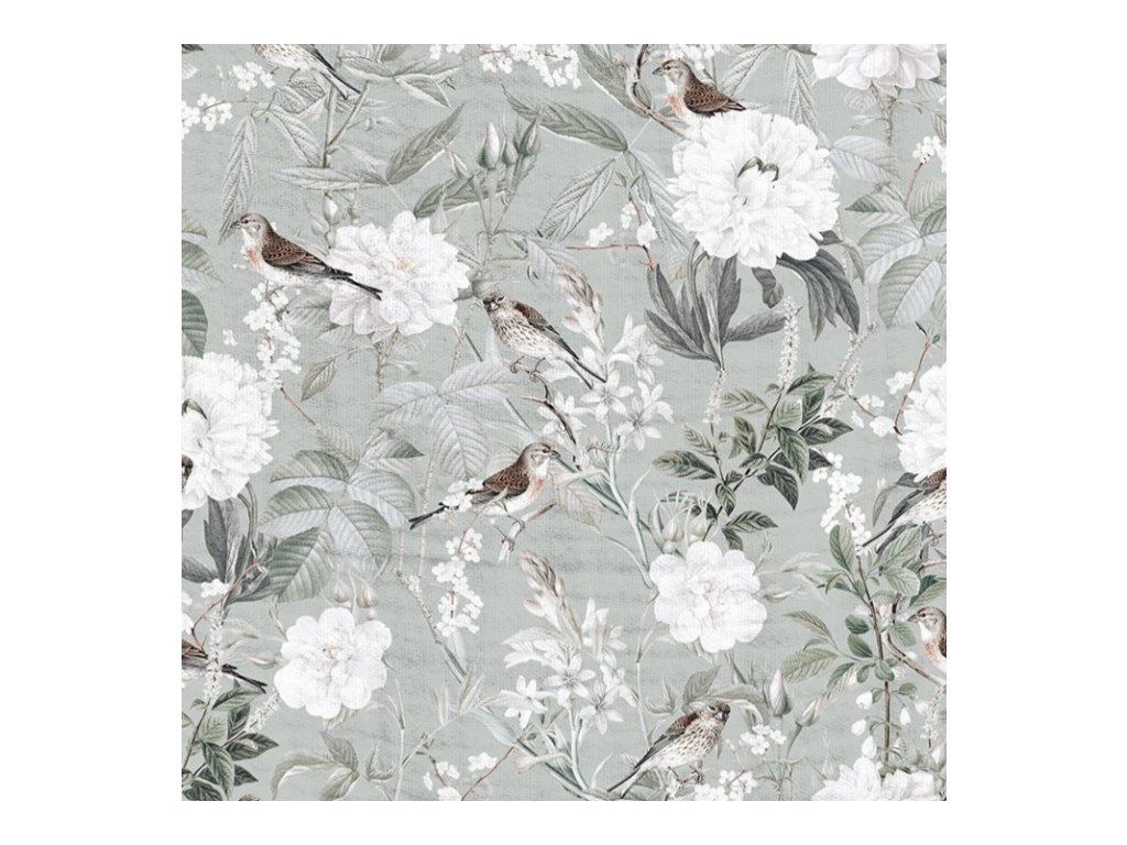 Mušelínová deka dvojitá gázovina luxusní ptáčci květy listy šedá