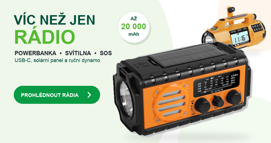 Nouzová rádia s powerbankou, LED svítilnou, SOS funkcí, solárním panelem a ručním dynamem
