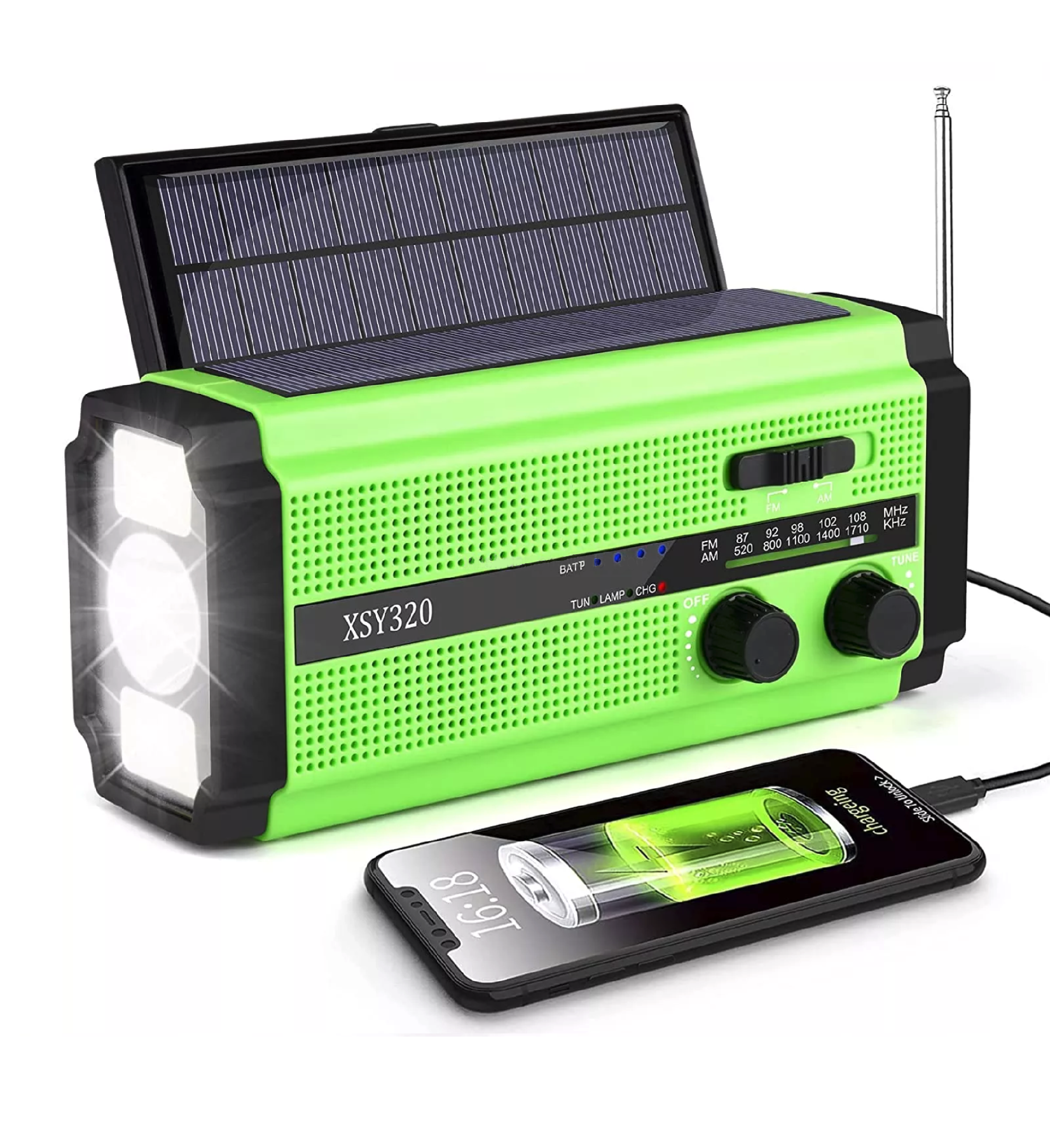 Zelené núdzové rádio Green Power XSY320-C s LED svietidlom, solárnymi panelmi a nabíjaním telefónu