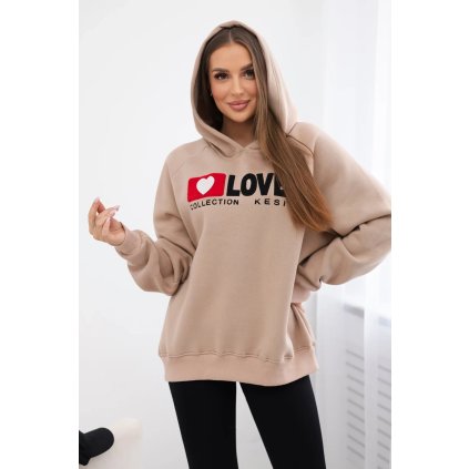 Kapucnis bélelt pamut pulóver Love 28483-U (Méret UNI, Szín Tmavobéžová)