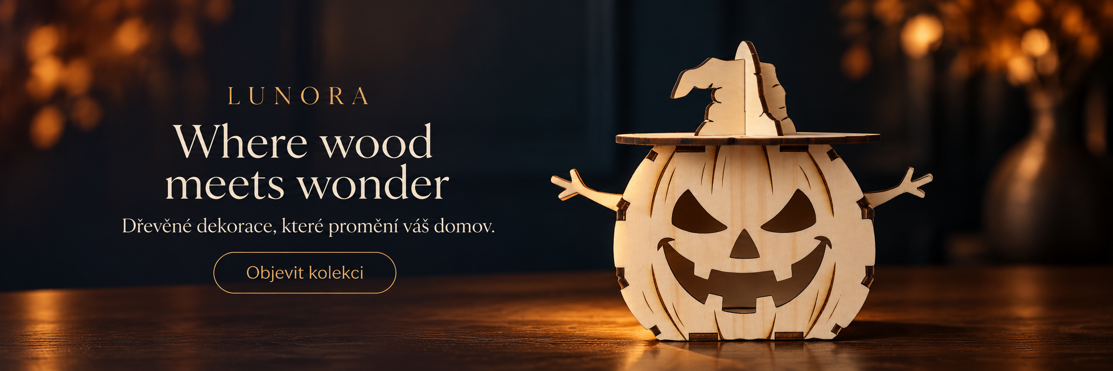 Lunora – dřevěná halloweenská dýně v čarodějnickém klobouku