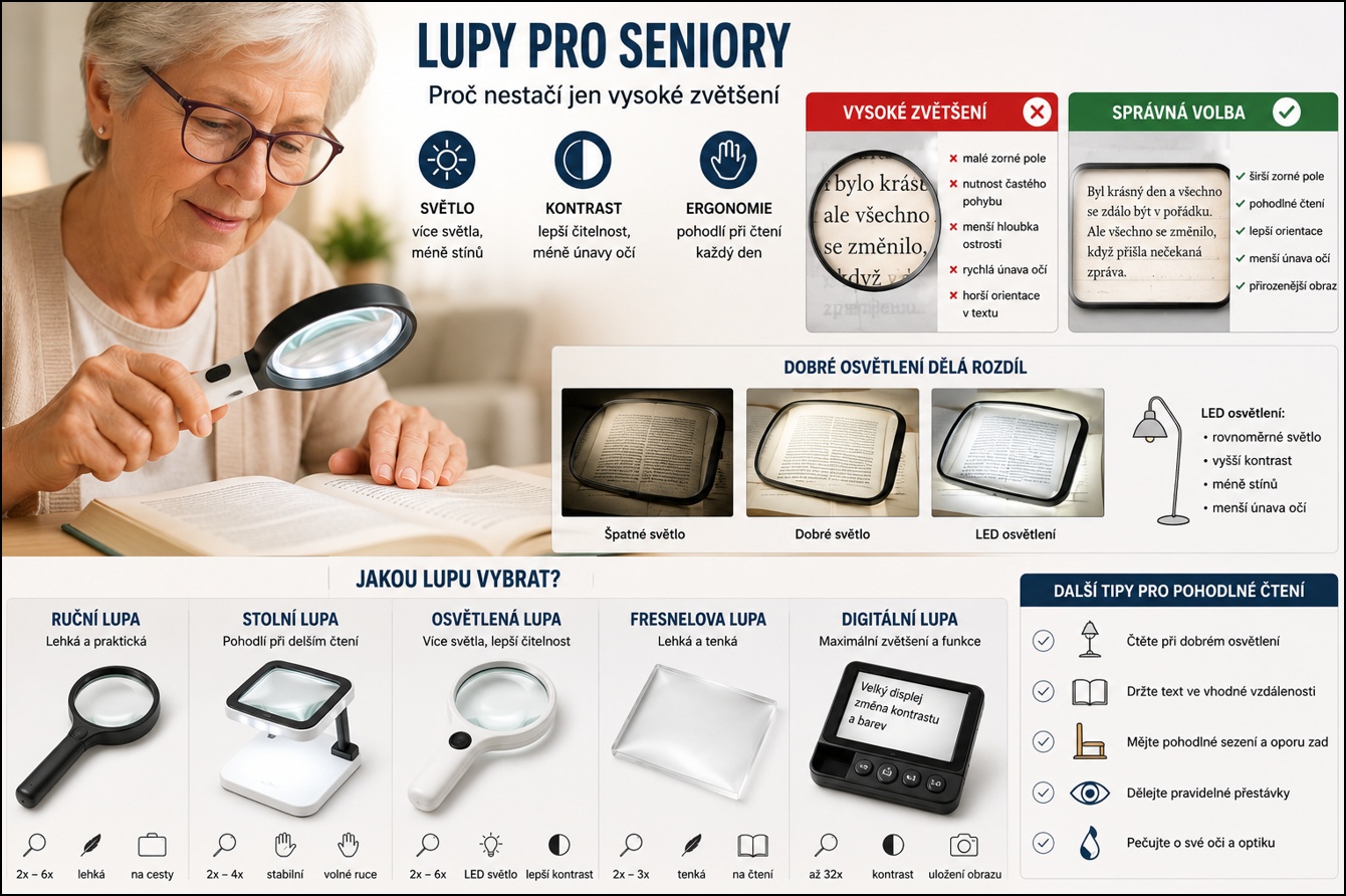 Lupy pro seniory: proč nestačí jen vysoké zvětšení Práce s kontrastem, světlem a ergonomií.