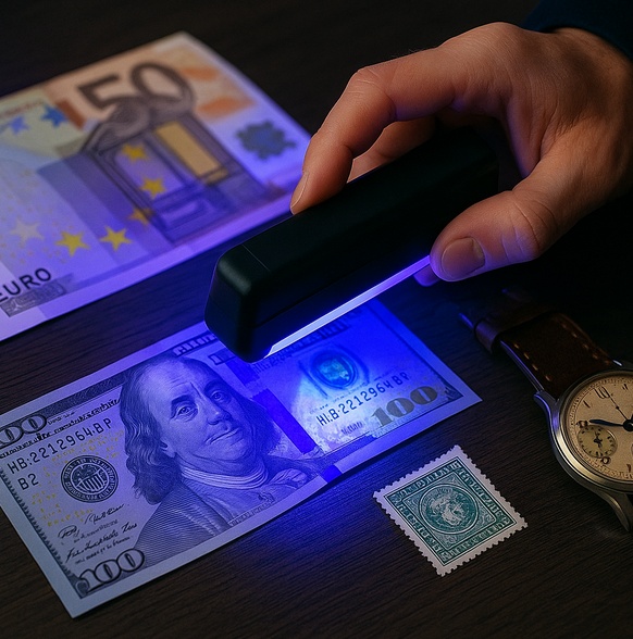 UV lampa při kontrole pravosti bankovek a cenin