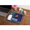 mockup of a mousepad lying on a rustic table next to a flower vase 27554