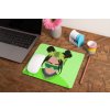mockup of a mousepad lying on a rustic table next to a flower vase 27554