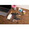 mockup of a mousepad lying on a rustic table next to a flower vase 27554 (1)