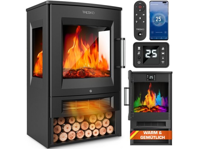 tresko elektrokamin mit heizung wifi app kamin elektrisch 1800w led flamme luxel cz