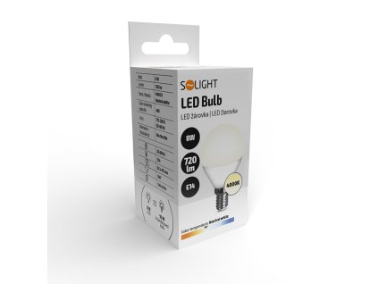 Solight LED žárovka, miniglobe, 8W, E14, 4000K, 720lm, bílé provedení