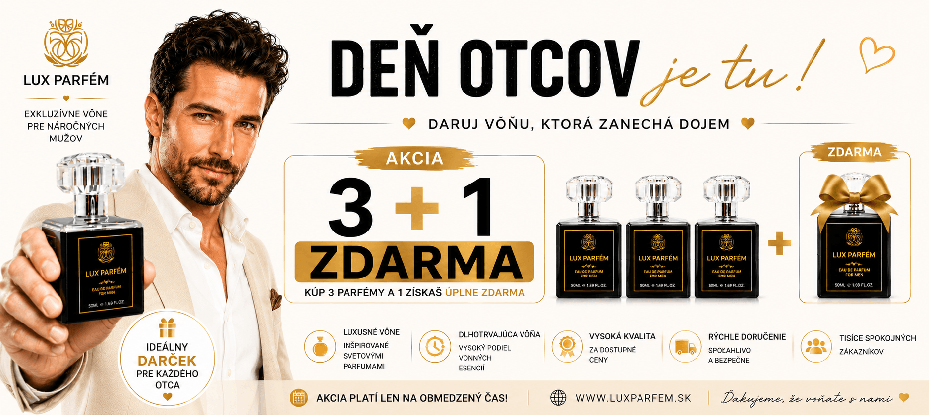 Deň otcov: Kúp 3 pánske Lux Parfémy a 1 parfum získaš úplne ZDARMA