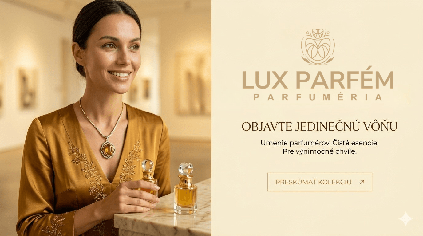 LUXUSNÝ BANNER PARFUMÉRIE LUX PARFÉM S ELEGANTNOU ŽENOU A ZLATÝMI FLAKÓNMI.