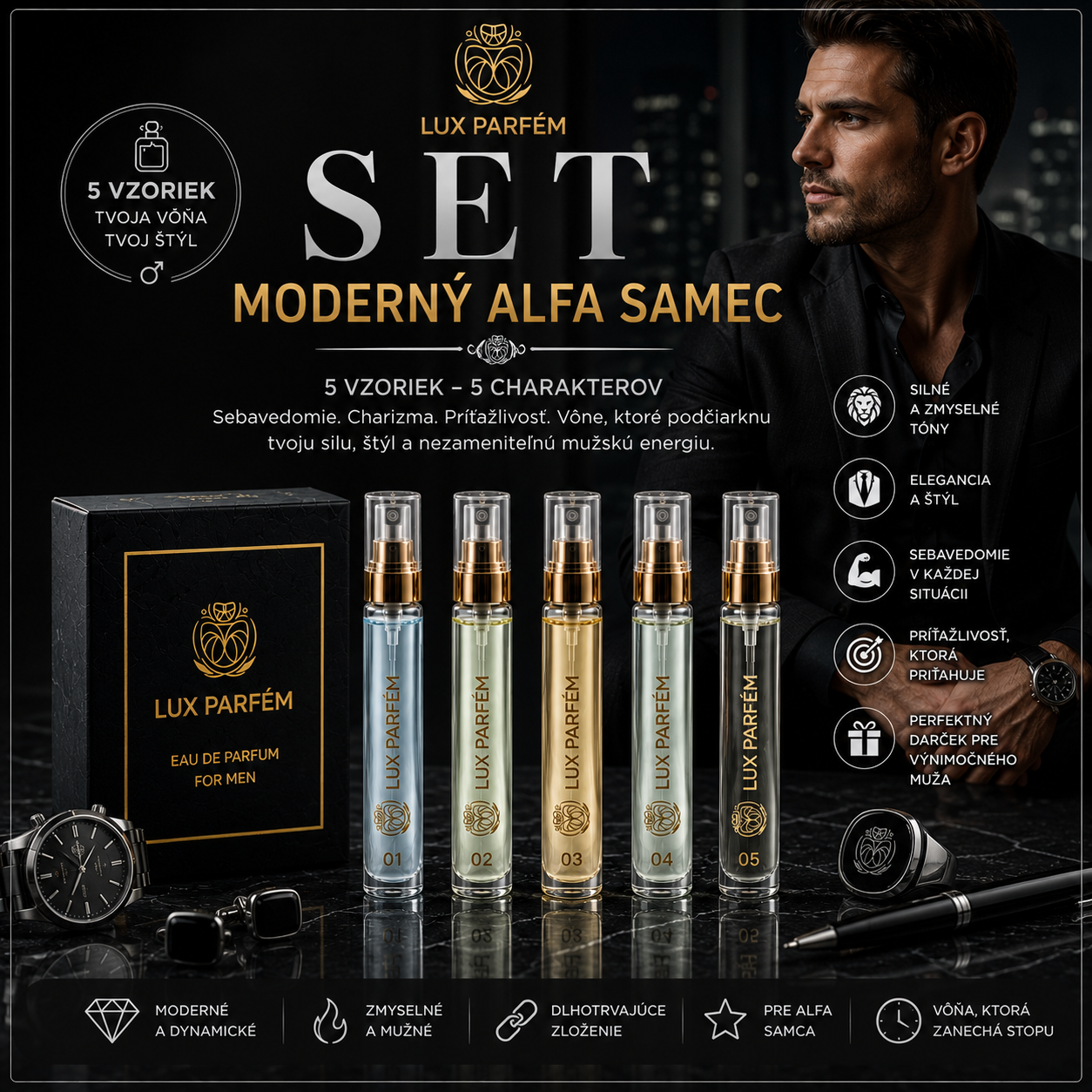 Lux Parfém 6. SADA: „Moderný Alfa Samec“ (Magnety na ženské komplimenty) Objem: 3 ml