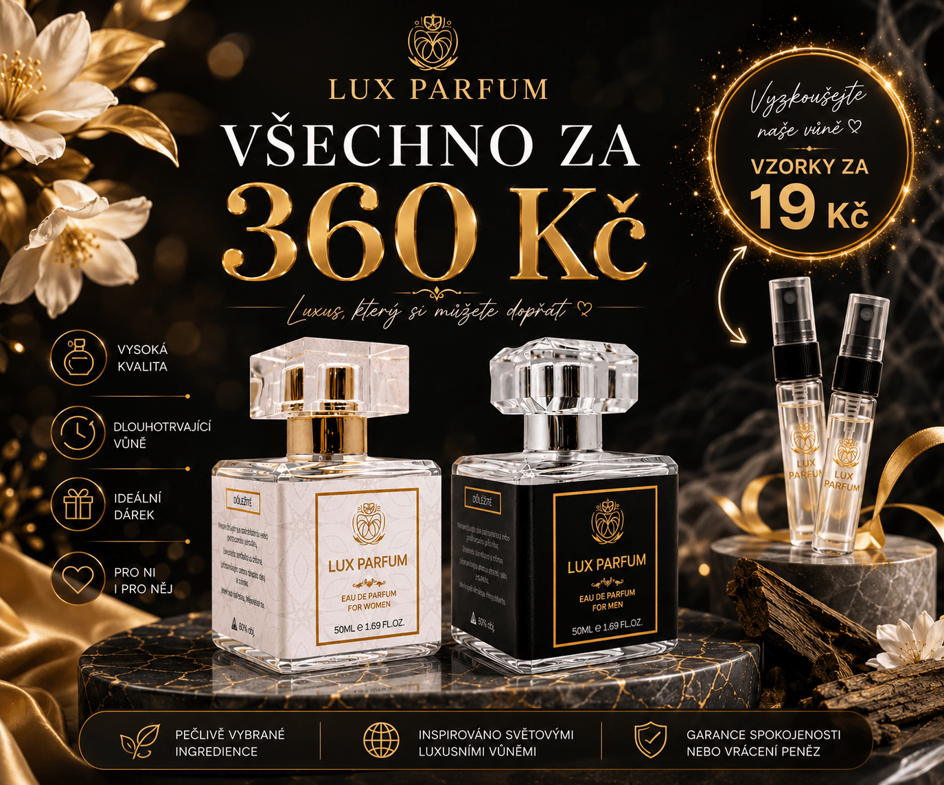 VŠECHNO ZA 360 Kč vzorky již od 19 Kč – Luxusní vůně za cenu, která vás překvapí / Lux Parfum