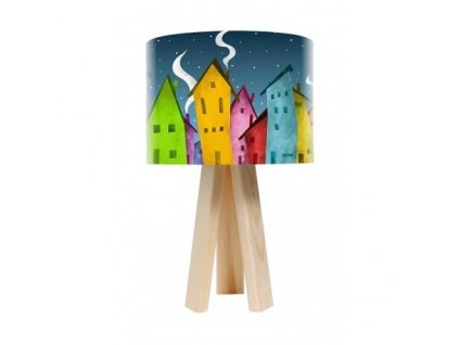 Dětská stolní lampička Night House, motiv noční město, dřevěné nohy