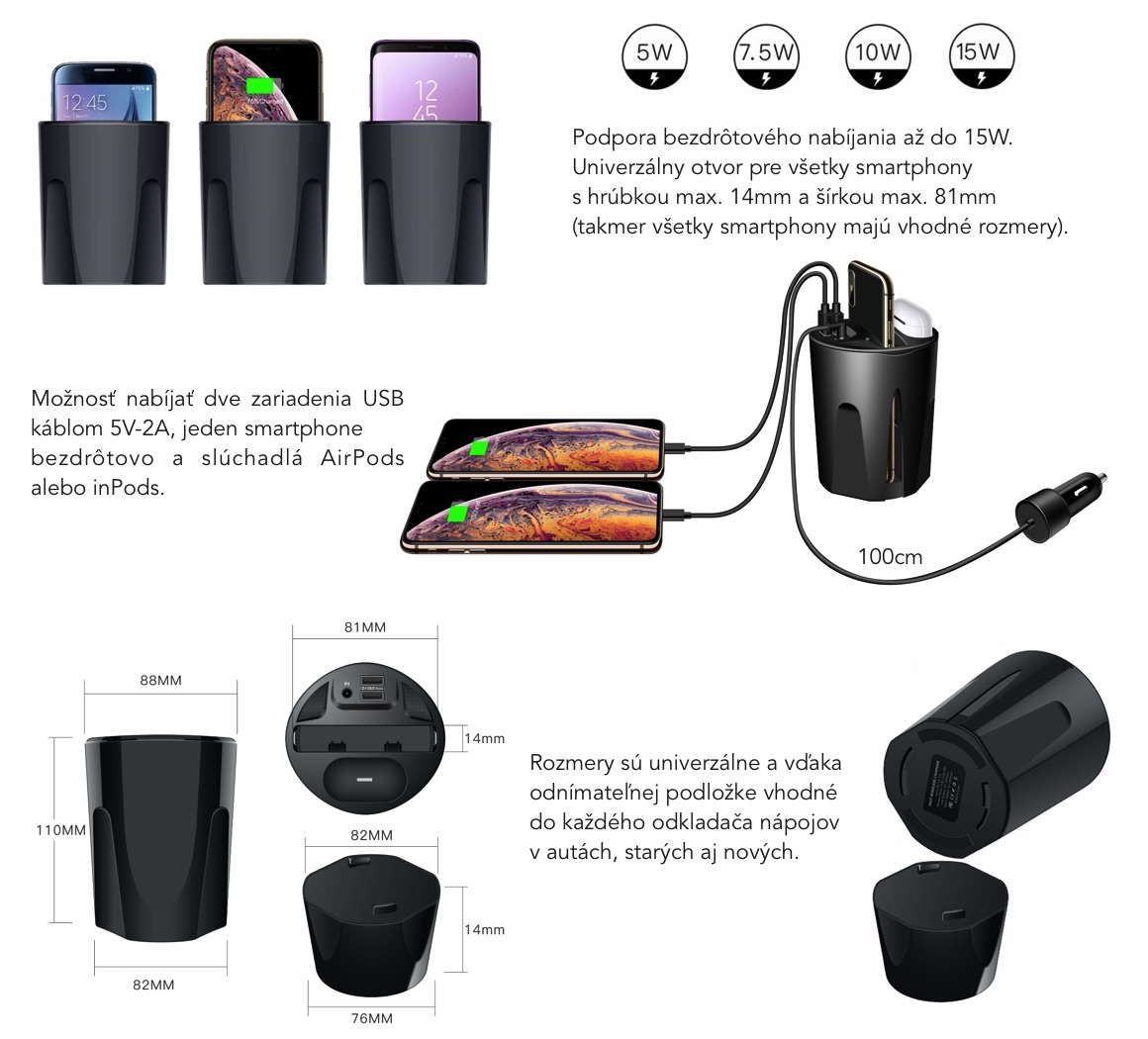 luxria-car-cup-charger-nabijacia-stanica-do-auta-pre-tri-zariadenia-a-airpods-popis