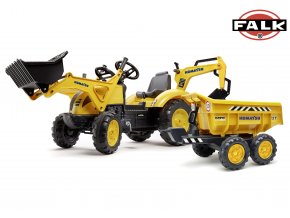 83756 falk slapaci traktor 2086w komatsu s bagrem a maxi vyklapecim privesem zluty