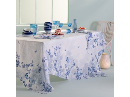 linge de table pur lin blanc bleu modele voliere bleu