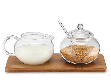 Zucker-/Sahne Set Glas mit Bambustablett, Weis