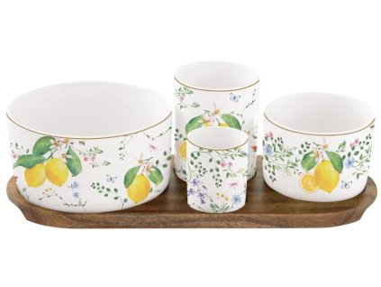 290886 1 set de 4 bols en porcelaine sur plateau acacia fleurs et citrons