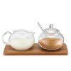 Zucker-/Sahne Set Glas mit Bambustablett, Weis