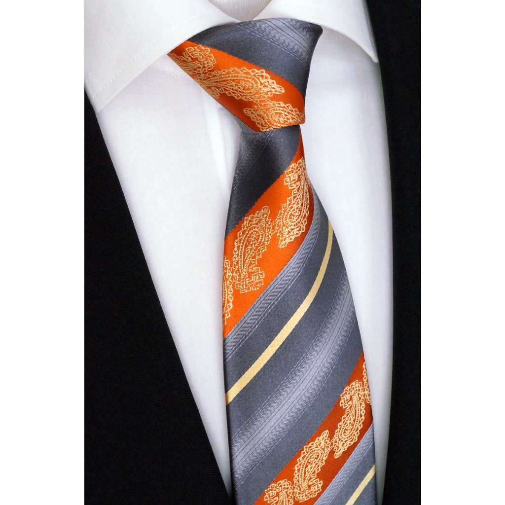 hedvábná kravata šedo oranžová