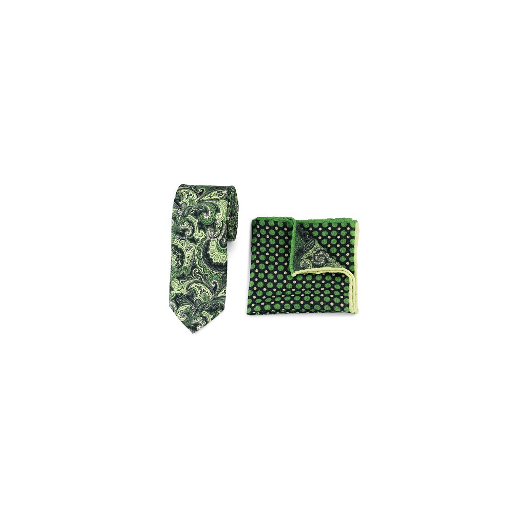 Luxusní set vlněné kravaty a kapesníčku - zelený